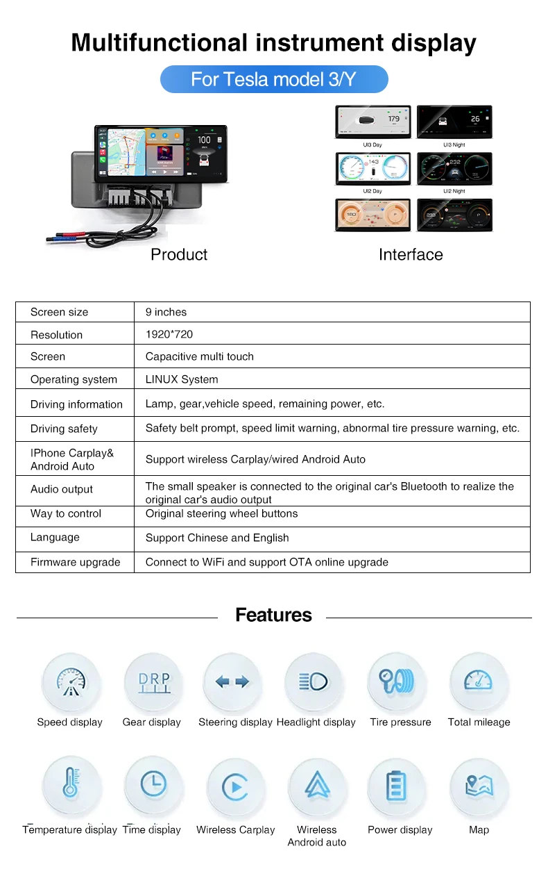 Head Up Display For Tesla Model 3 Y 2017-2024 9-inch Dashboard Digital HighlandH