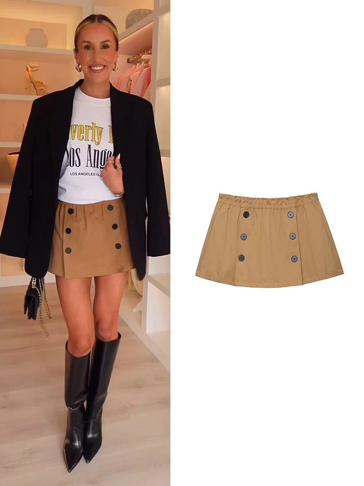 2025 New Women High Waist A Line Shorts Skirts Fashion Solid Color Buttons Decoration Chic Side Pocket Female Skirt Shorts