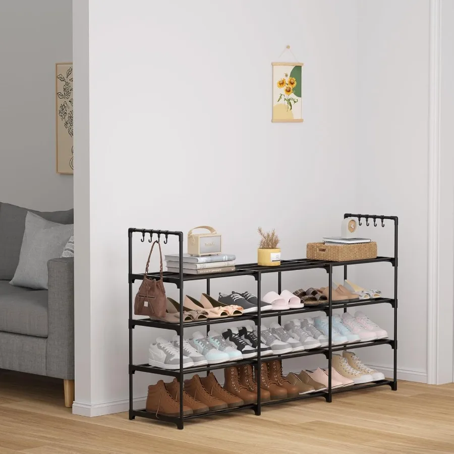 3Row 4Tier Shoe Rack Black Metal Stackable Shoe Shelf with Multifunctional Hooks Hold 2430 Pairs Space Saving Shoes Organizer f