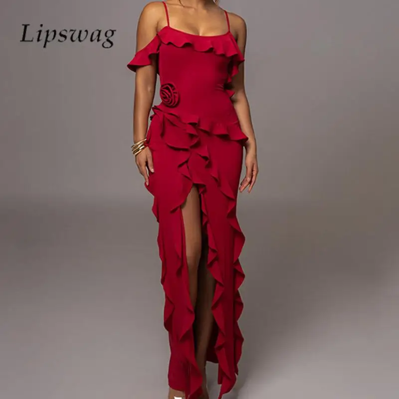 

Fashion Slim High Split Backless Long Dress Chic Ladies Solid Rose Party Club Dress Sexy Sling Off Shoulder Pleated Ruffle Dress