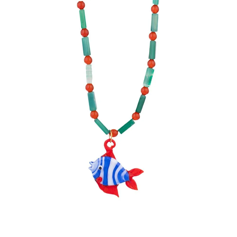 Charm Glass Small Fish Lobster Pendant Neckalce Cute Ocean Tropical Fish Colored Natural Stone Bead Necklaces Handmade Jewelry