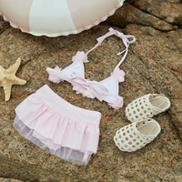 Cute 3D Flower Baby Girls Swimsuit Toddler Bikini Set Halter Neck Tie Up Tops + Elastic Waist Shorts Sheer Mesh Bathing Suit 4