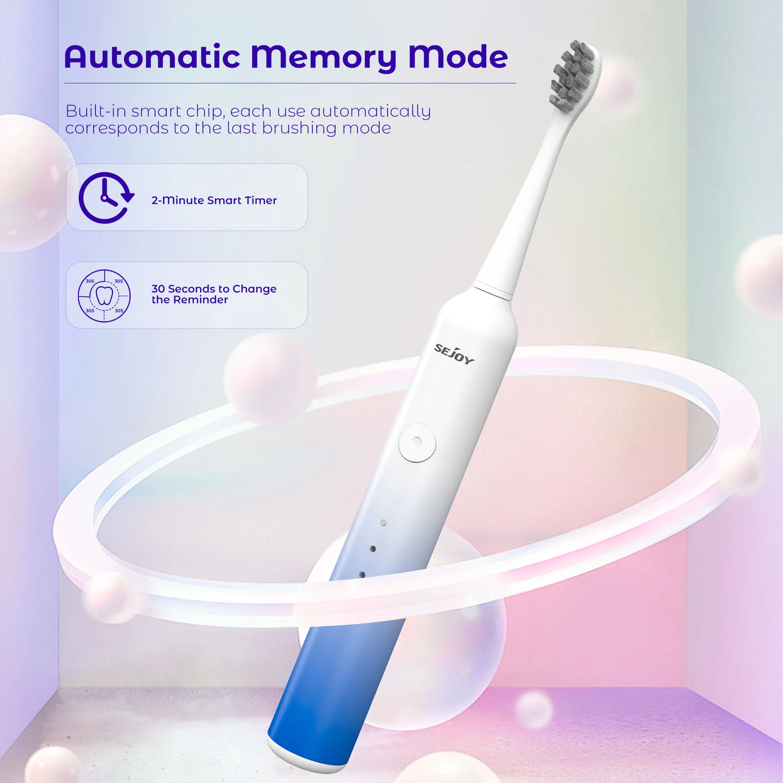 SEJOY Sonic Electric Toothbrush Rechargeable Power 8 Brush Heads 5 Modes Timer 6