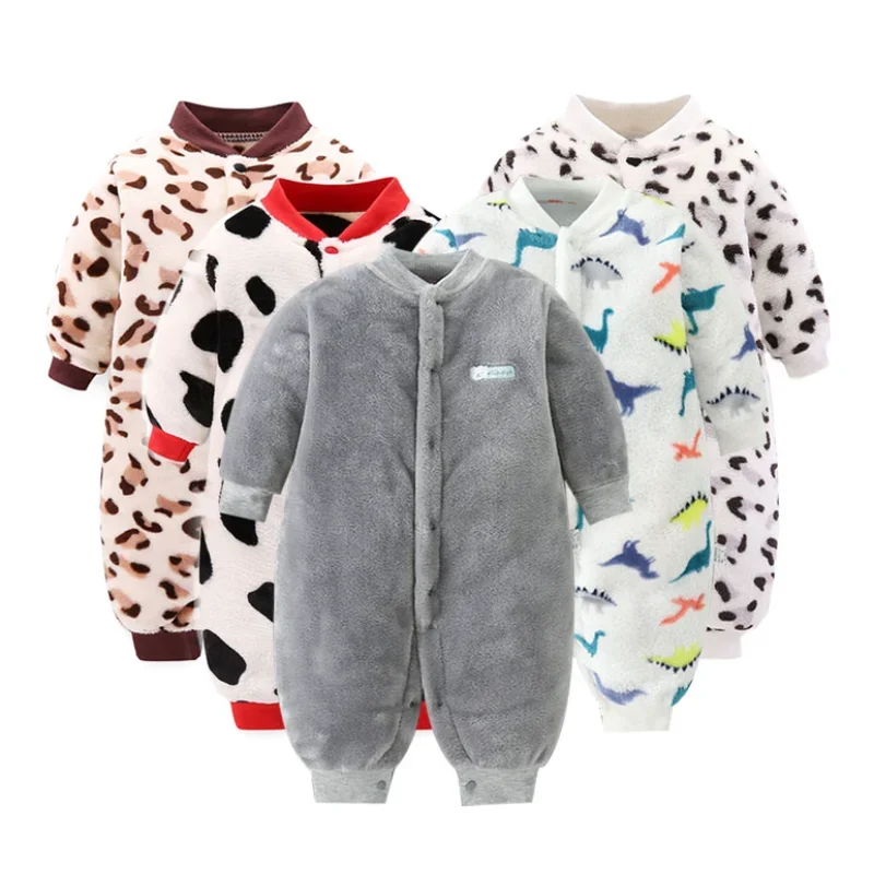 Baby Rompers Baby Jumpsuit Cotton Jumpsuit Baby Clothing Baby Girl Boy Thick Romper Warm Winter Newborn Infant Baby Leopard Carto Fleece Romper Jumpsuit Soft Pajamas Clothes