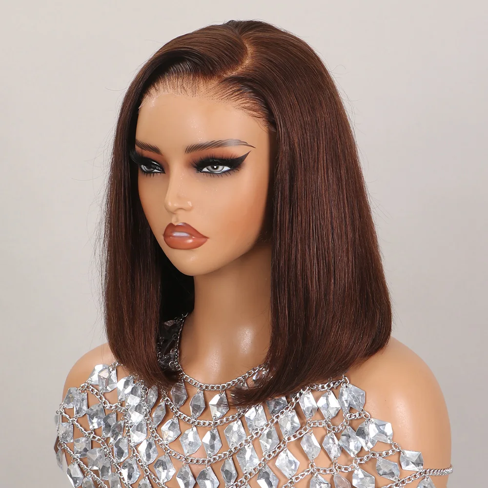Chocolate Brown Glueless Wig 6x6 HD Lace Frontal Human Hair Wigs for Women 6x5 Pre-Cut Lace Wig Wear and Go Short Bob 12inch