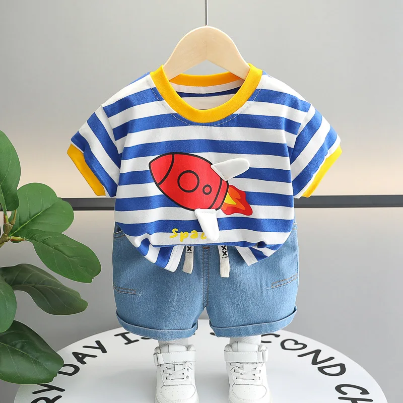 

2024 Premie Baby Boy Summer Clothes 12 18 Months Clothing for Boys Cartoon Striped Short Sleeve T-shirts and Shorts Outfit Set