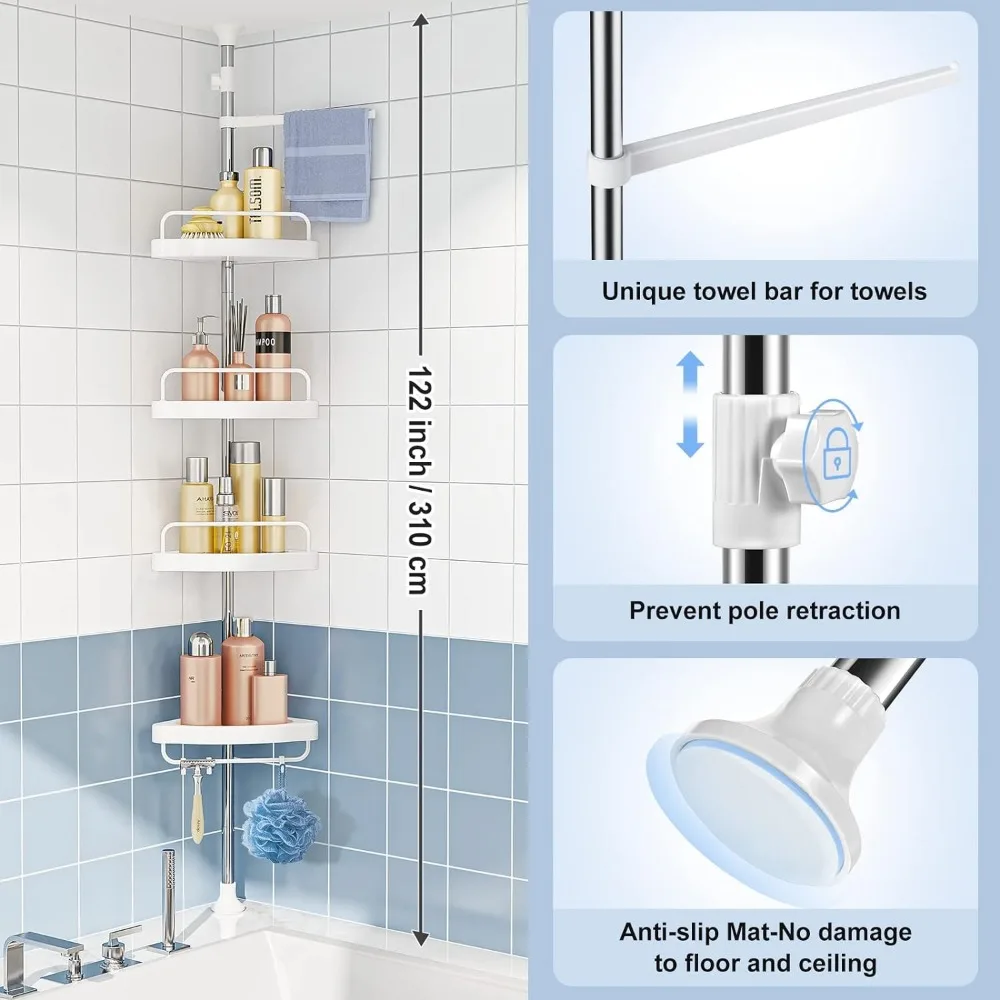  Corner Shower Caddy Tension Pole: Rust Proof 4Tier