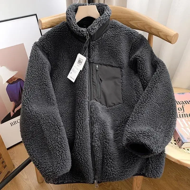 Autumn and Winter Japanese Men's and Women's Fleece Stand Neck Jacket Couple Zipper Loose Warm Lamb Wool Coat Solid Color Jacket 4