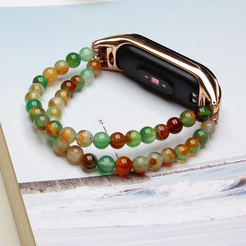 

Эластичный ремешок для часов Xiaomi Mi Band 8/ 7/ 6/ 5/ 4, браслет на запястье, стрейчевый 6 мм браслет с агатовыми бусинами для мужчин и женщин