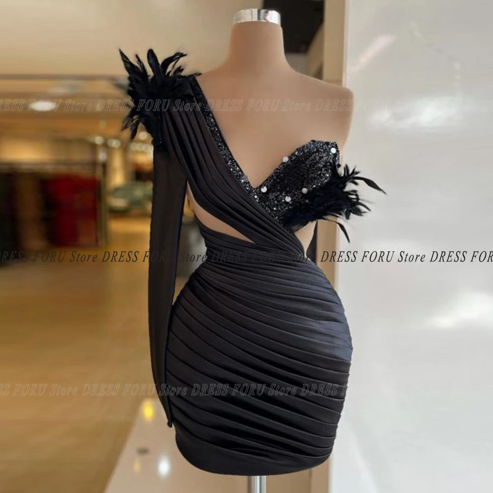 Black Satin Mini Evening Party Dress Sequin Single One Shoulder Long Sleeve Pleat Prom Gown for Woman 2024 Short Cocktail Gowns