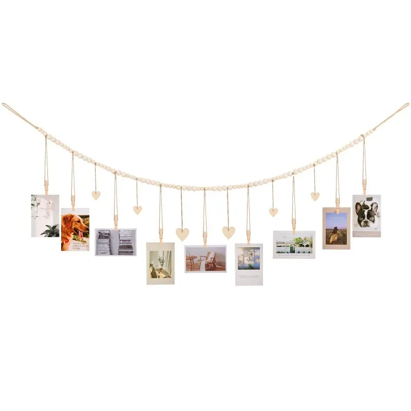 1PC Wooden Bead String Hanging Photo Display Wooden Bead Twine Wooden Clip Photo Storage Decoration Room Decoration