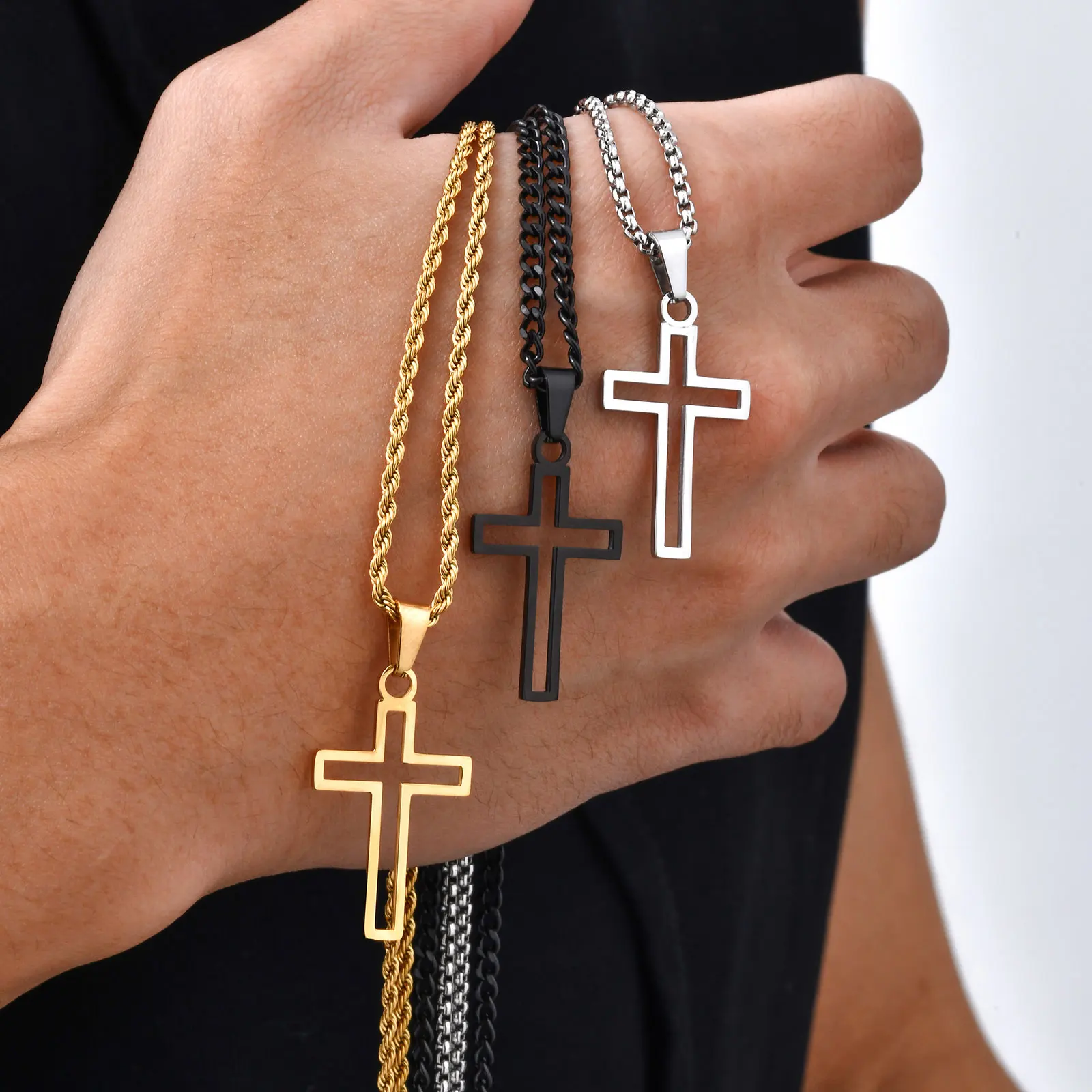 Casual Hollow Cross Necklaces for Men Boys Waterproof Stainless Steel Cross Pendant Necklace Religious Faith Prayer Jewelry Gift