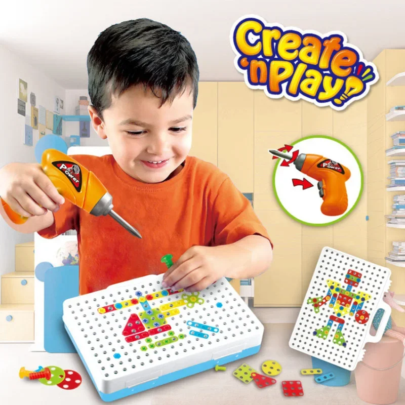 147PCS Children Toys Tool Set Electric Drill Screw Nut Drilling Assembly Puzzle Toys Pretend Play Montessori Educational