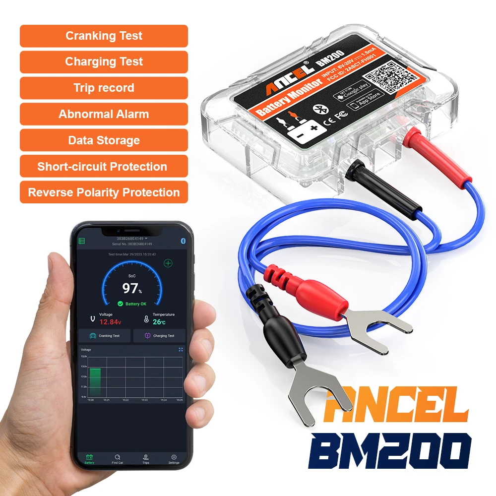 

ANCEL BM200 12V Car Battery Tester Bluetooth4.2 Battery Monitor Health Battery Load Analyzer for Lithium & Lead-Acid Batteries