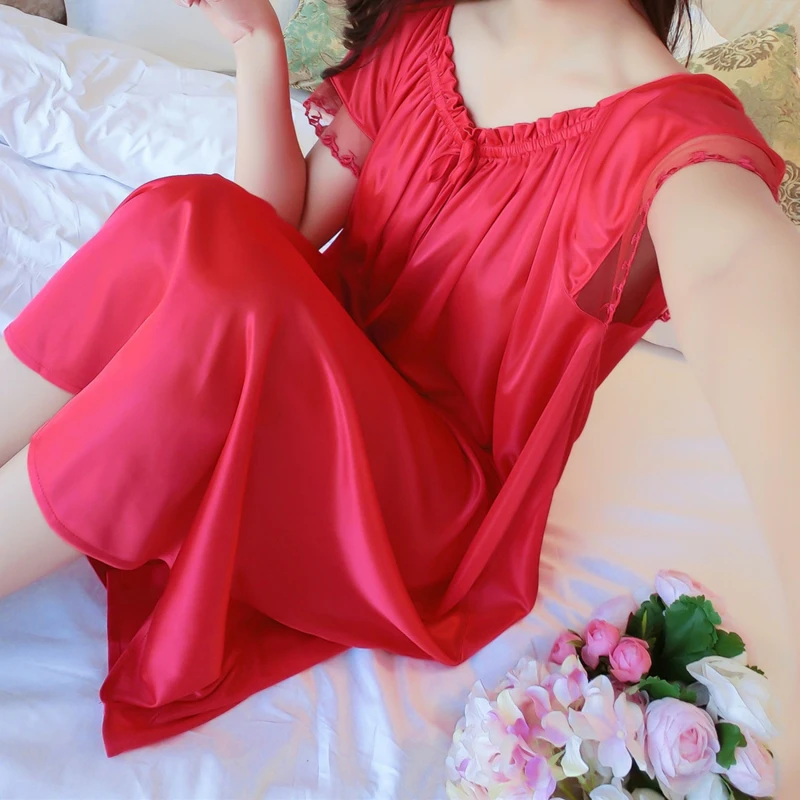 Women Night Gowns Sleepwear Lace Patchwork Nightwear Long Sleeping Dress Casual Ladies Home Dressing