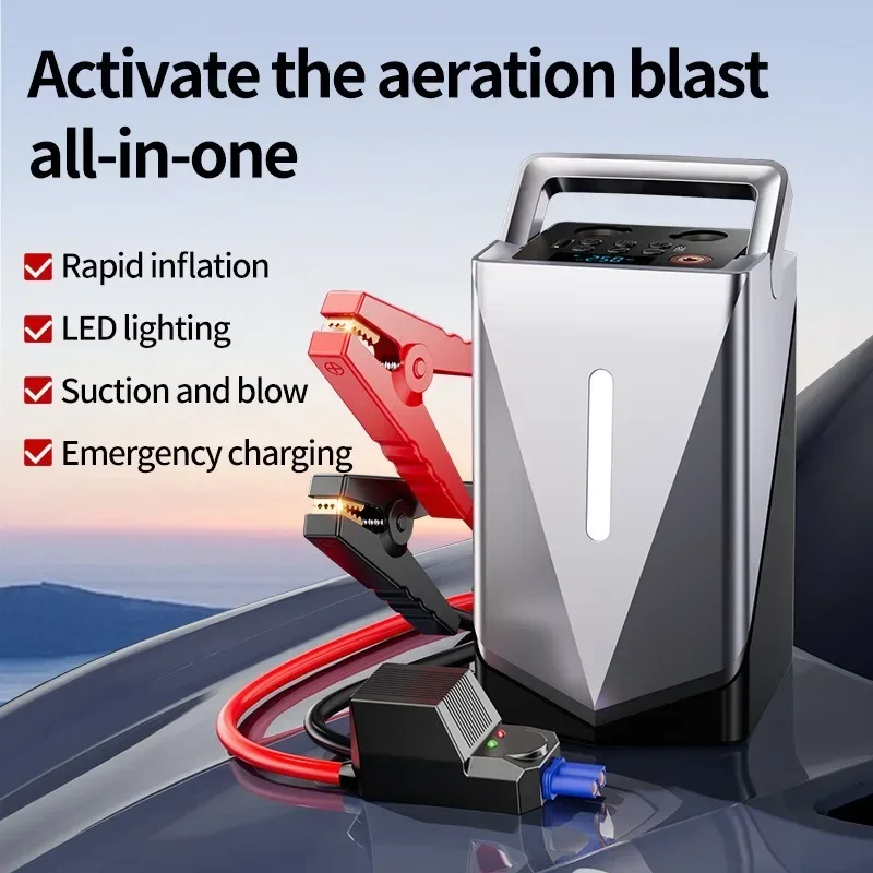 Car Jump Starter Jump Starter With Air Compressor LCD Screen All-in-one Suction & Blow Portable Booster Charger Car Battery Starting Device