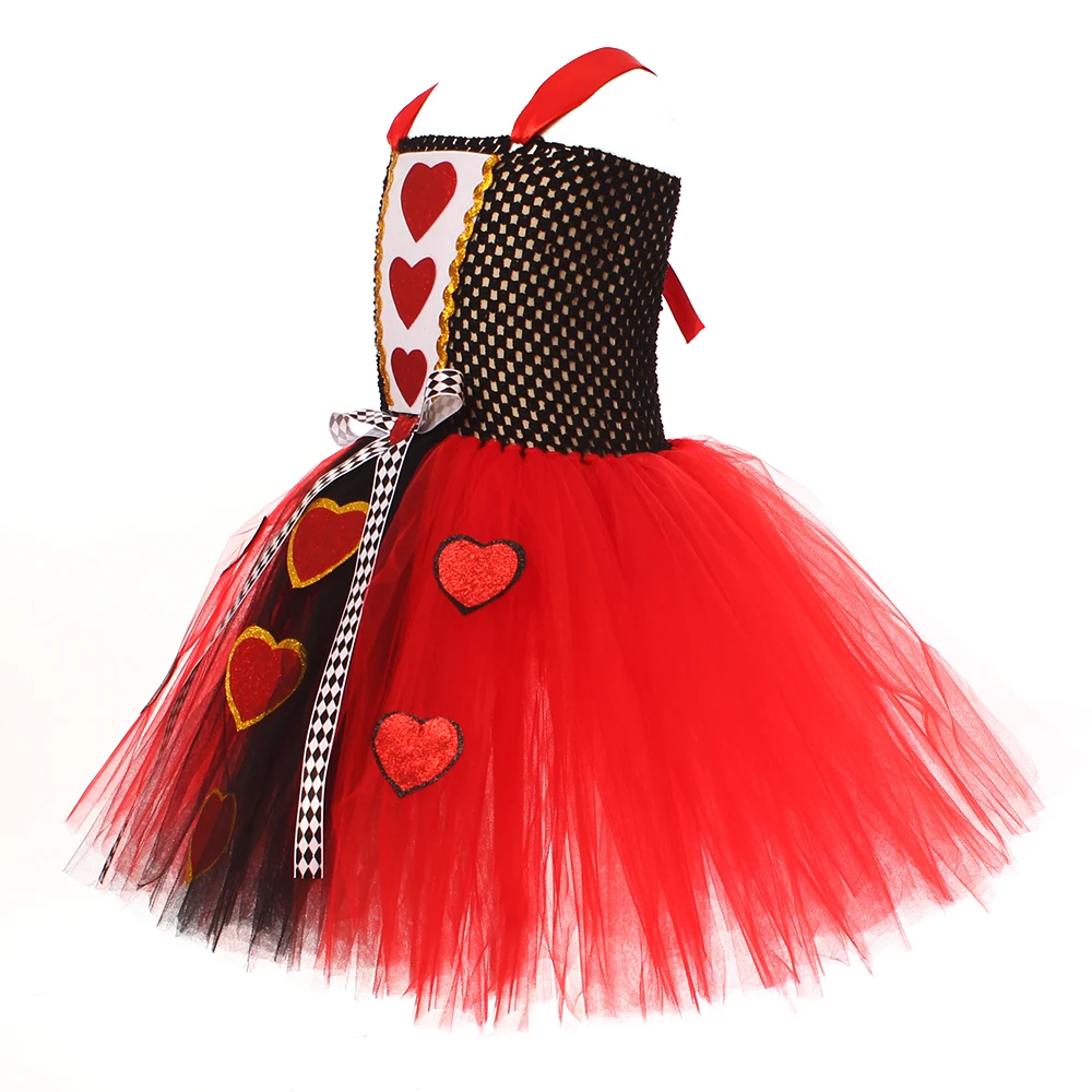 Girls Queen of Hearts Costume Kids Halloween Dress up Fancy Tutu Dress with Crown Classic Wonderland Red Queen Gown Clothes
