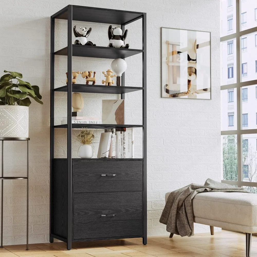 Industrial Bookcase with File Cabinet Drawers Freestanding Storage Home Office Cabinet Organizer