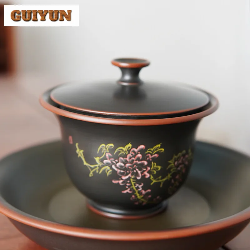 180ml Antique Qinzhou Nixing Pottery Gaiwan Handmade Engraving Wisteria Flower Tea Tureen Tea Maker Cover Bowl Teaset Decoration