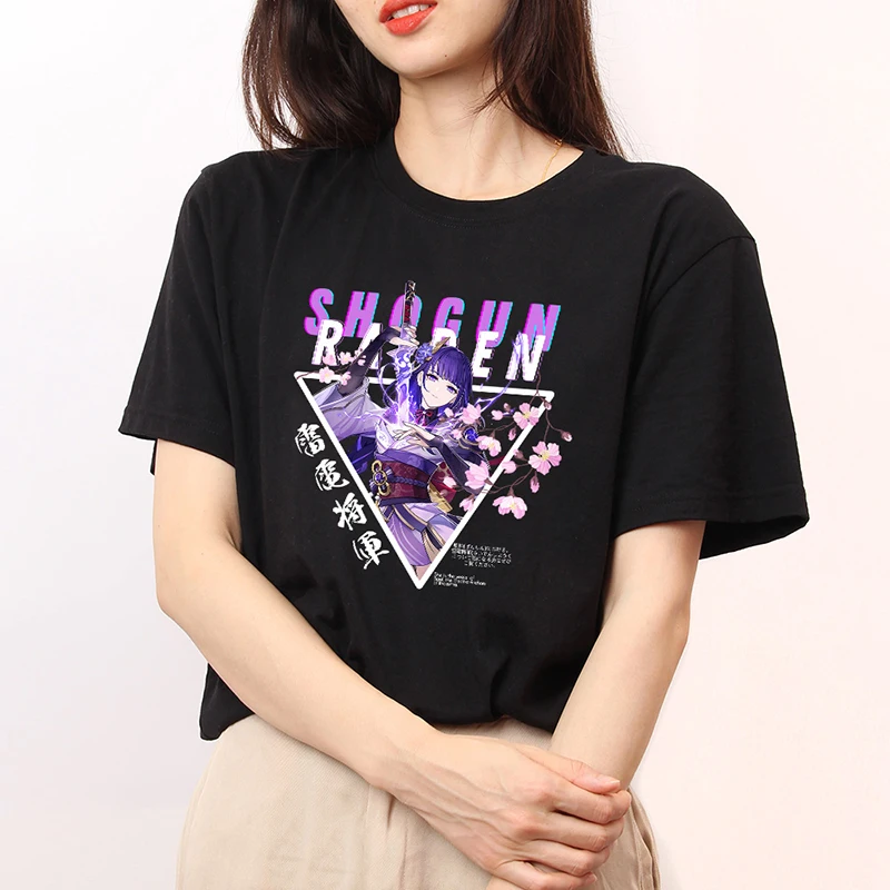 

Genshin ударная игра Графические футболки Kawaii Мультфильм Raiden Shogun Печать Топы женские мужские футболки
