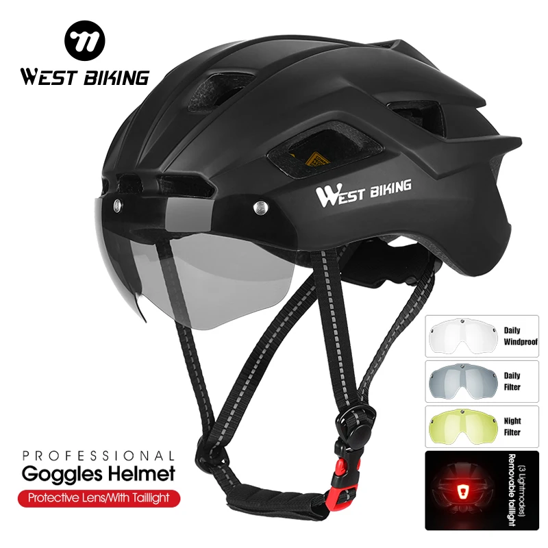 WEST BIKING Professional Cycling Helmet USB Charging Light Outdoor Riding Sport Road Racing Bicycle Magnetic Goggles