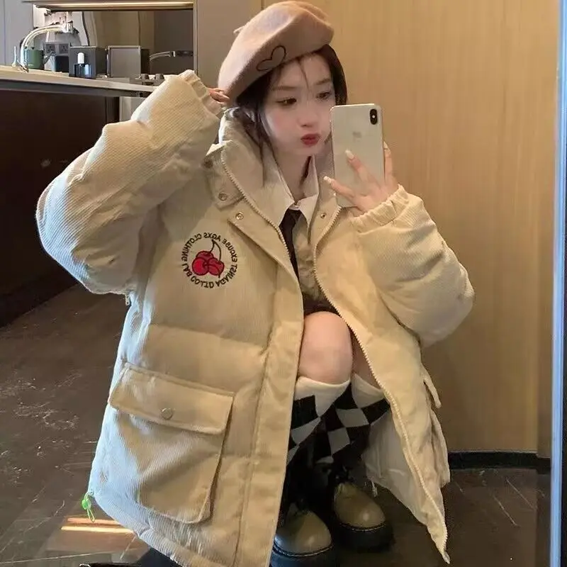 2023 Winter New Women Cotton Clothes Loose Top Casual Stand Collar Parkas Fashion Warm Outcoat Corduroy Embroidered Outwear