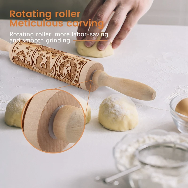 Nativity Pattern Christmas Wooden Embossing Rolling Pin with 9 Different  for Baking Embossed 