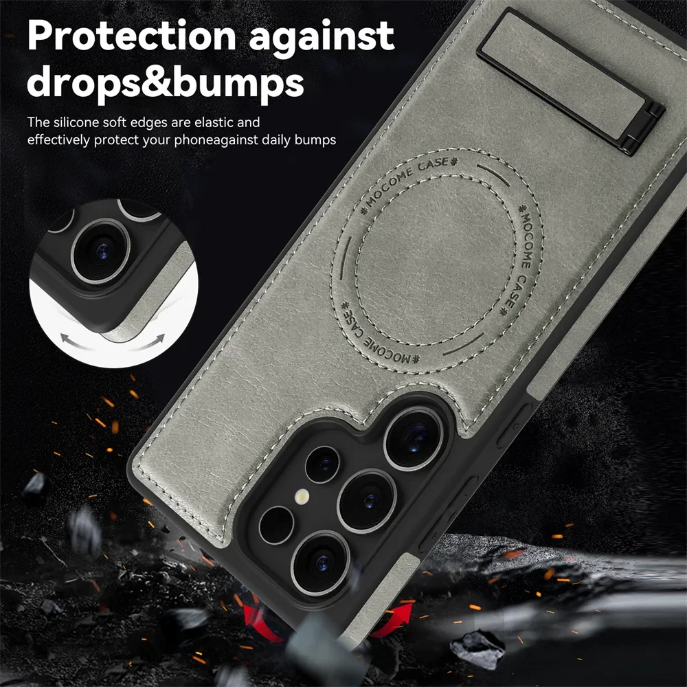 Leather Stand Case with Magnetic Wireless Charging and Fall Protection