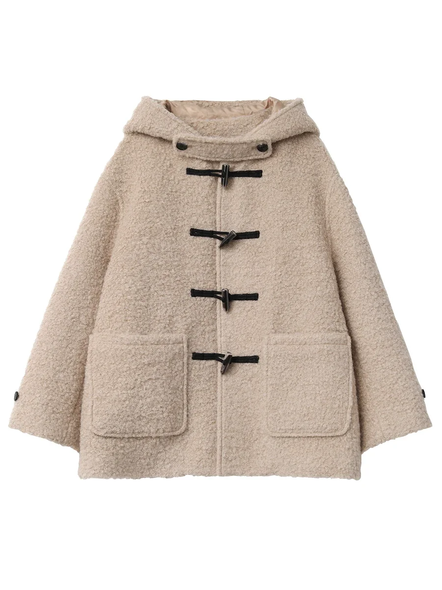 CHIC VEN Women's Woolen Coat Loose Solid New Korean Black Coat Cow Horn Buckle Female Hooded Jacket Outerwear Autumn Winter