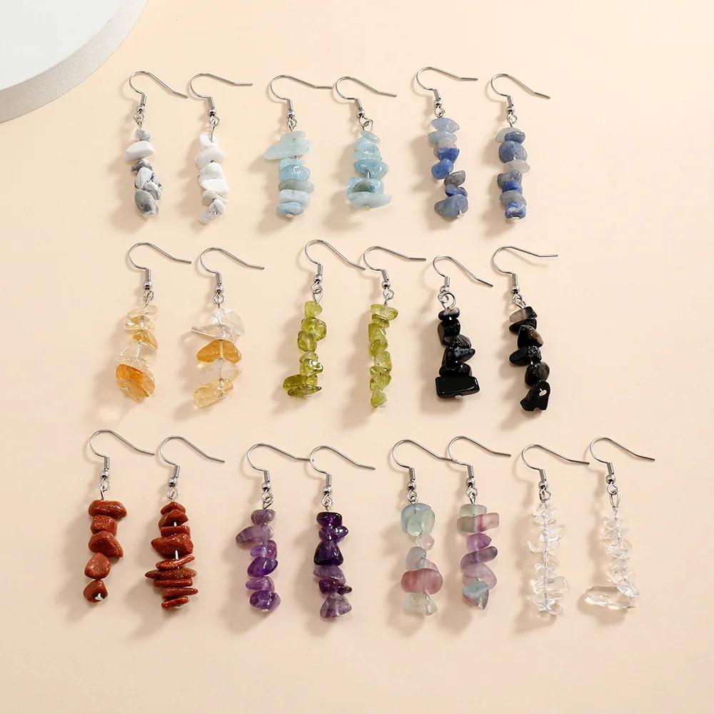 Raw Stone Beaded Dangle Earring for Women Girls Drop Hook Chakra