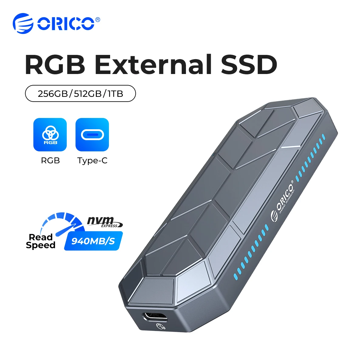 

ORICO RGB External SSD 512GB 256GB External Hard drive 1TB SSD USB 3.1 Gen2 Type-C M.2 NVMe External Solid State Drive