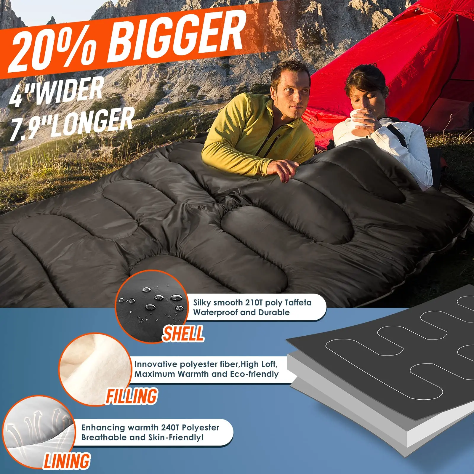 Double Sleeping Bag for Adults with Pillow,for All Season Camping - Main Image