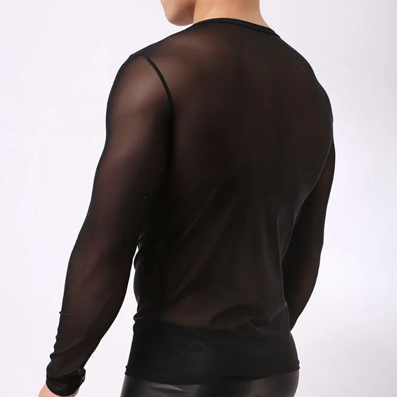 Men Undershirt Sexy Mesh Transparent Sheer Shirts Long Sleeves Slip Homme T Shirts Ondergoed Hemd Gay Top Tee Underwear Clubwear