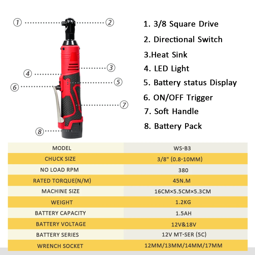 12V/18V Impact Wrench Cordless Rechargeable Electric Wrench 3/8 Inch Right Angle Ratchet Wrenches Impact Driver Power Tool image_3