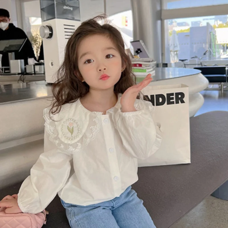 

Детская блузка для девочек, пальто, куртка, верхняя одежда, весна-осень 2024, рубашки с жемчугом, хлопковая детская одежда для защиты от солнца в подарок