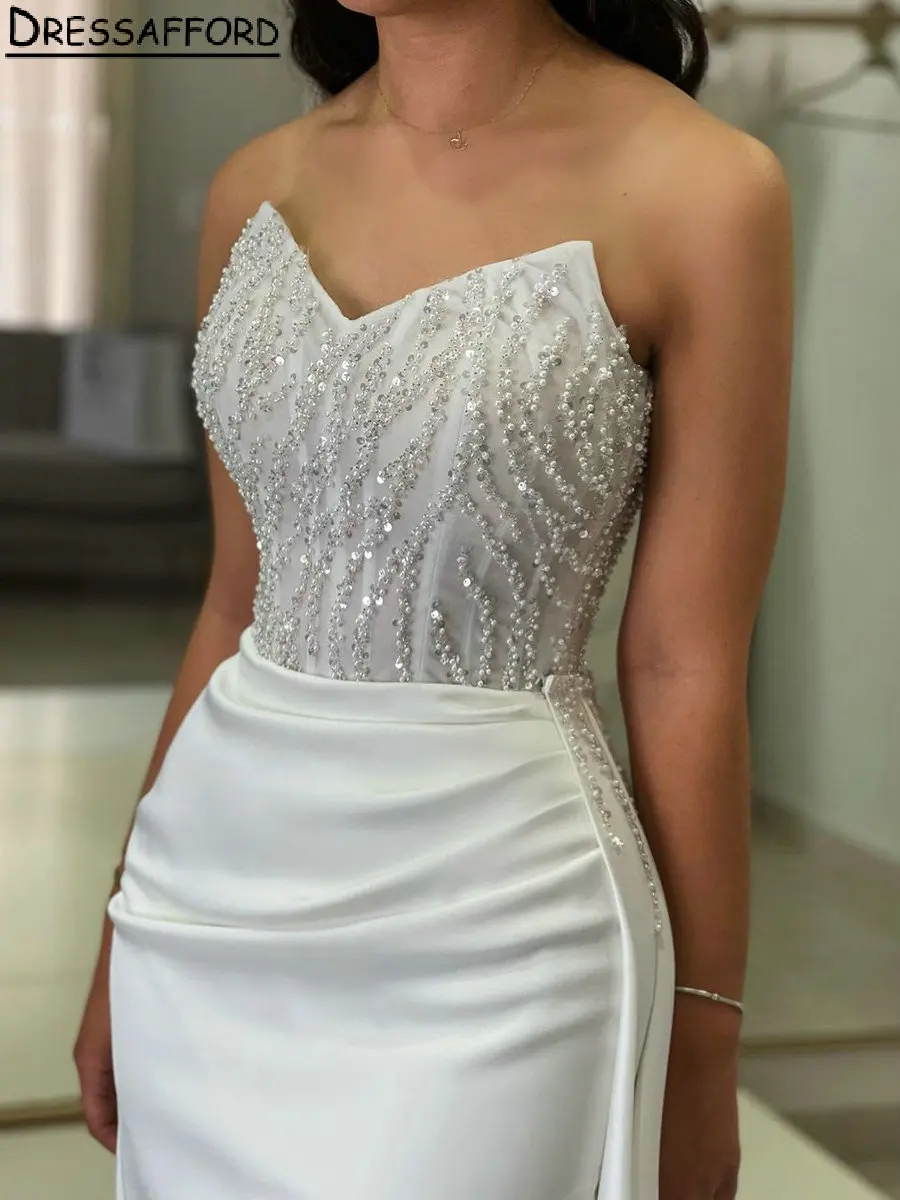 

Romantic Pearls Beading Sequined Dubai Wedding Dress Mermaid Strapless Pleat High Split Saudi Arabic Bridal Gown