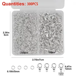 Silver Lobster Clasp & Open Ring Jewelry Making Kit - 300 Piece Set (Silvery)