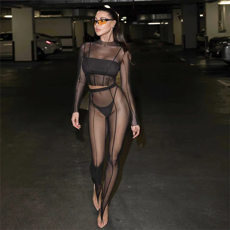 

Sexy See Through Women Two Piece Set Long Sleeve O Neck T-Shirt Tops High Waist Pencil Pants Nightclub Party Mesh Matching Suit