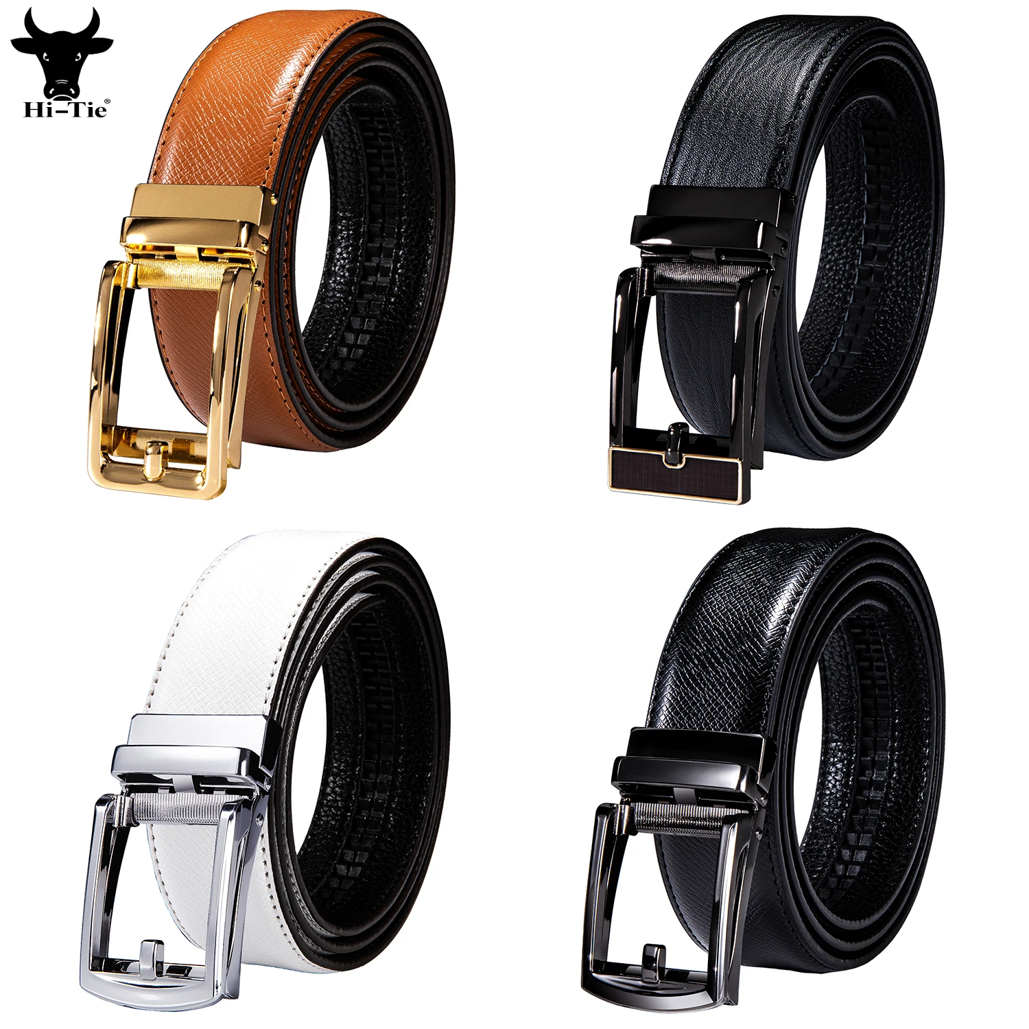 

Hi-Tie 16 Colors 3.5cm Width Genuine Leather Mens Belts Ratchet Hollowed Automatic Buckles Waistband Belt for Men Dress Jeans