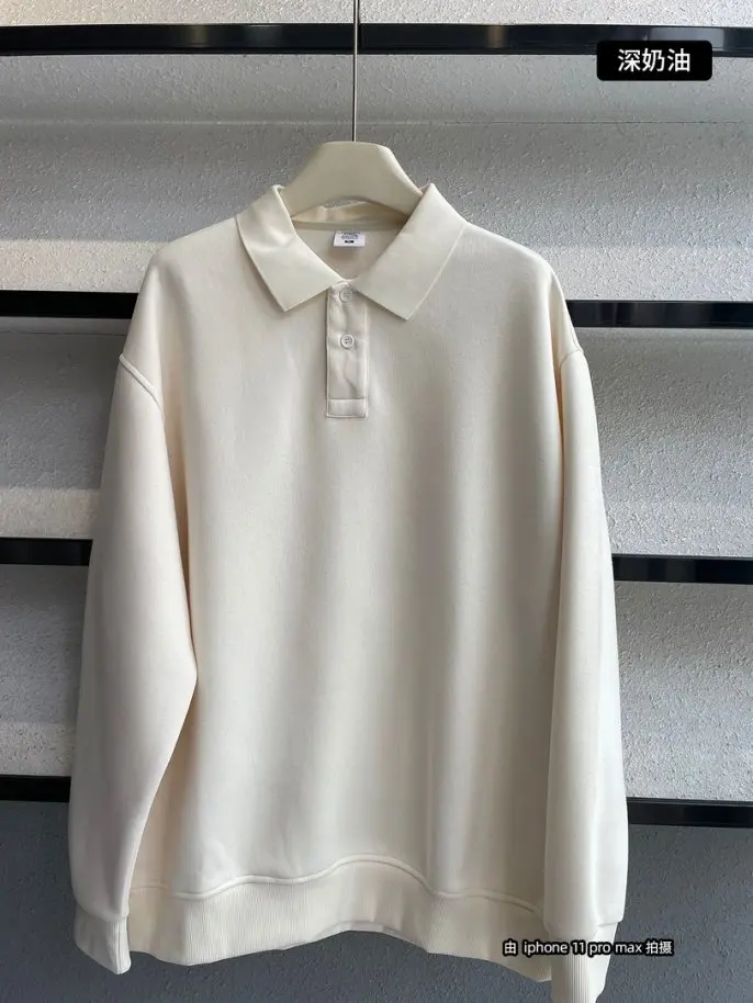 350 g/m2 Herren-Poloshirt aus schwerer Baumwolle, europäisches, lässiges Pendel-T-Shirt mit lockerer Passform, Herbst-Umlegekragen, lange Ärmel, Büro-Top, Unisex – Detail 3