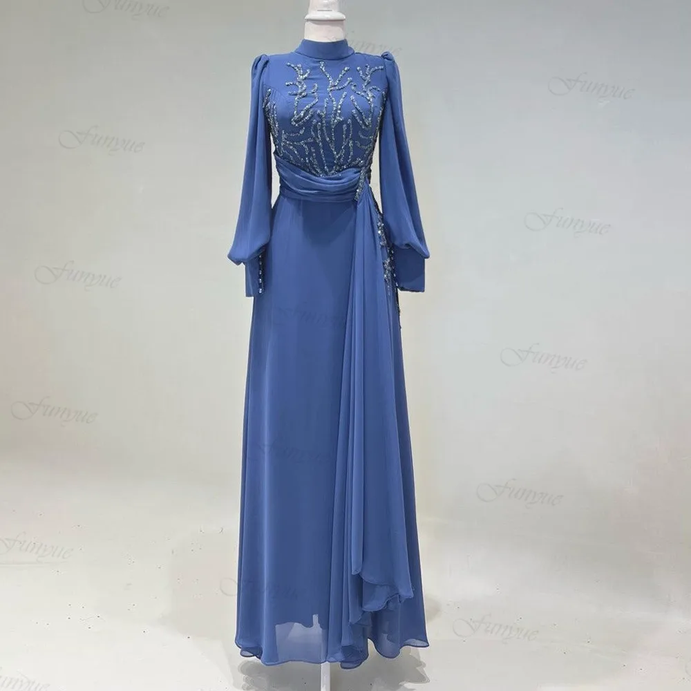 

Женское шифоновое платье-трапеция до пола, Элегантное синее официальное платье с длинным рукавом и бисером, модель 2024