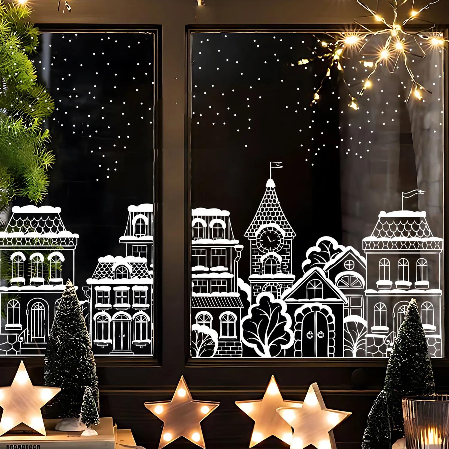 38x60cm Christmas Window Stickers Creative White Castle Street View Pattern Electrostatic Sticker Christmas Glass Static Decal window stickers christmas stickers