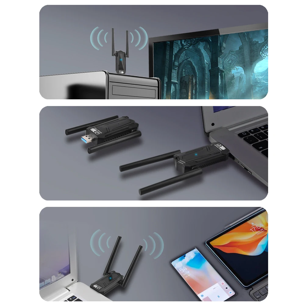 USB 와이파이 카드 고이득 안테나, 듀얼 밴드 2.4, 5Ghz Wlan 송신기 리시버, 데스크톱 윈도우 XP, 비스타, 7-11 용, AC1300 Mbps