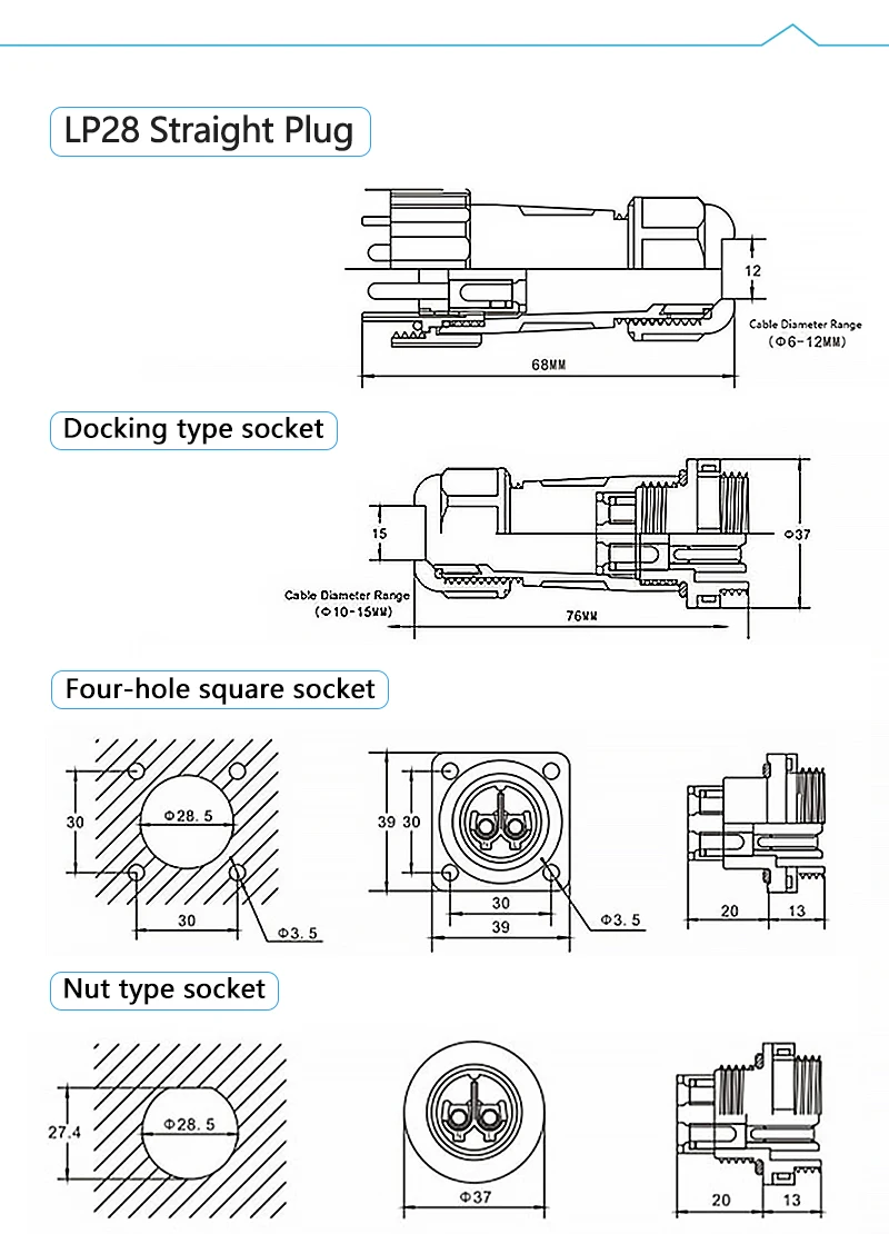 LP/SP28 Kabelanschluss, Mutter/Docking/Quadrat, IP68, wasserdicht, Luftfahrt-Stecker, Buchse, 2, 3, 4-polige Schraubverkabelung, kein Schweißen – Detail 8