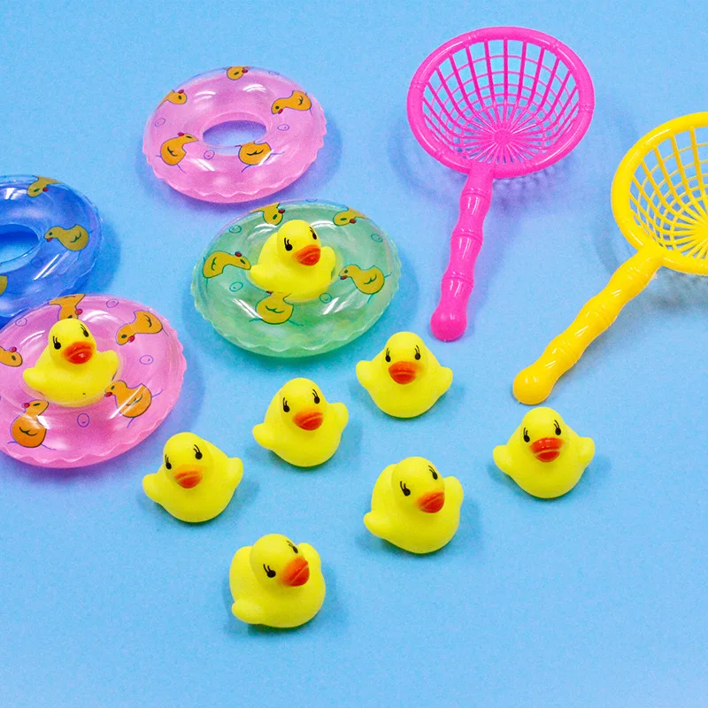 5pcs/set Kids Bath Toys Rubber Duck Fishing Net Swimming Rings