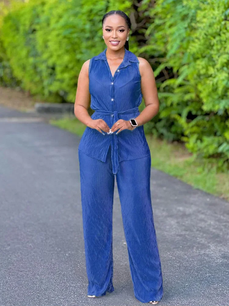 Wmstar Women Two Piece Set Casual Solid Color Sleeveless Turn Down Collar Top Long Trousers Elegant Office Female Summer Outfits