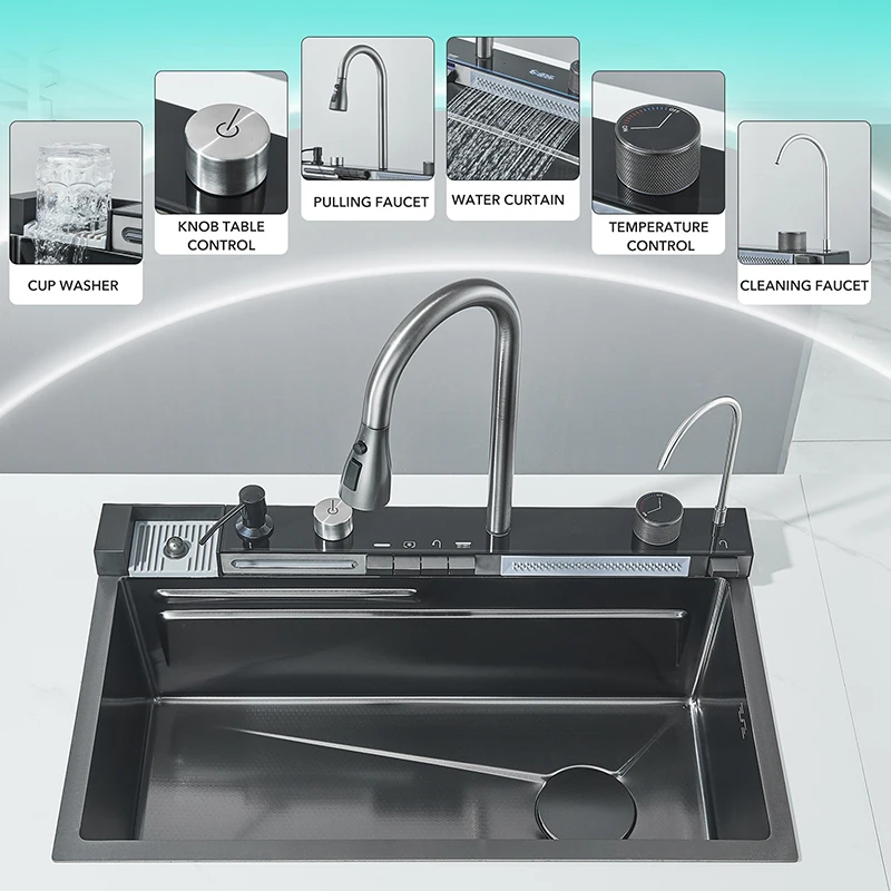 Shinesia Stainless Steel Kitchen Waterfall Sink Large Single Sink Dish Basin Sink With Cold and Hot Controlled Faucet 5