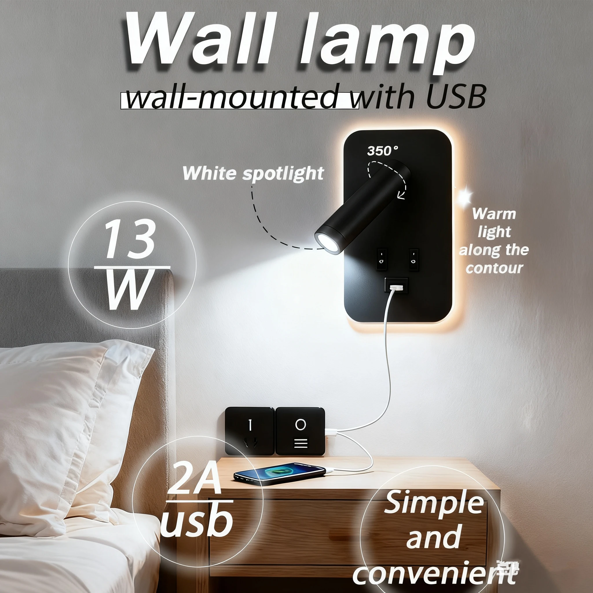 Wall reading lamp with wall lamp beside the bed, rotatable, USB, 13 watts, double switch, LED lights for the bedroom