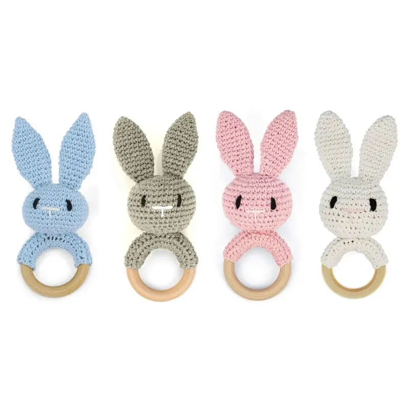 

Baby Teether Wooden Ring Handmade BPA Free Chewing Teething Cotton Thread Crochet Animal Rattle Knitted Hand
