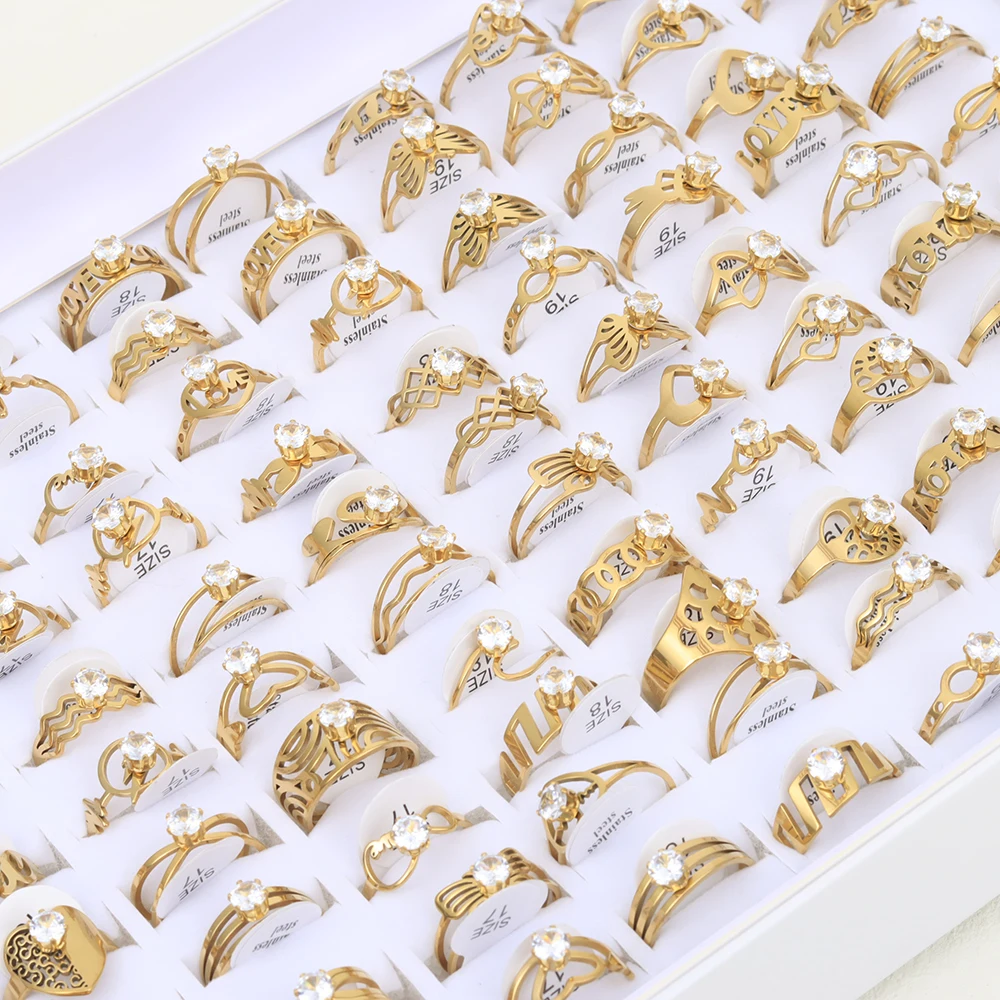 50Pcs/Lot Fashion Classic Zircon Hollow Stainless Steel Ring Women Mixed Style Wedding Engagement Jewelry Party Gifts